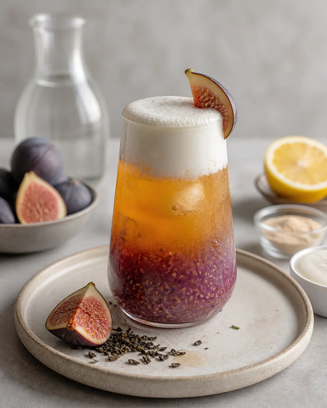 Chilled Purple Fig, Earl Grey and Lemon Drink with Oat Foam