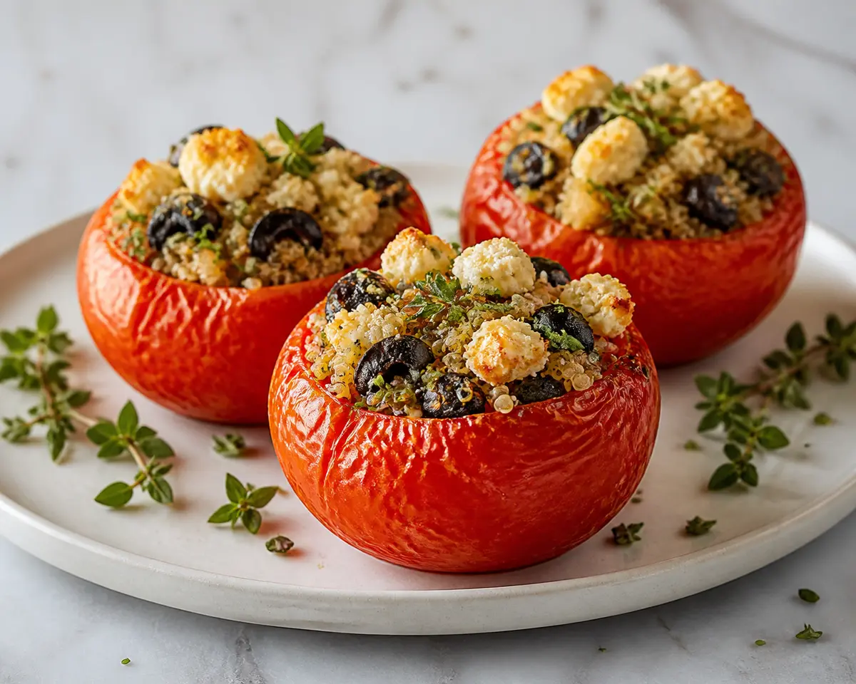 Provençal Stuffed Tomatoes with Quinoa, Olives, Herbs and Golden Feta