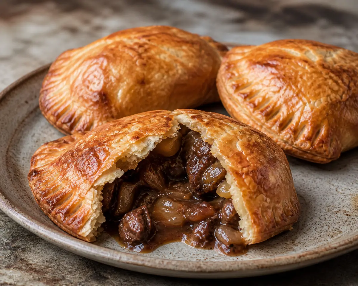 Pastelitos de carne ahumada con cebolla caramelizada y gravy de cerveza negra