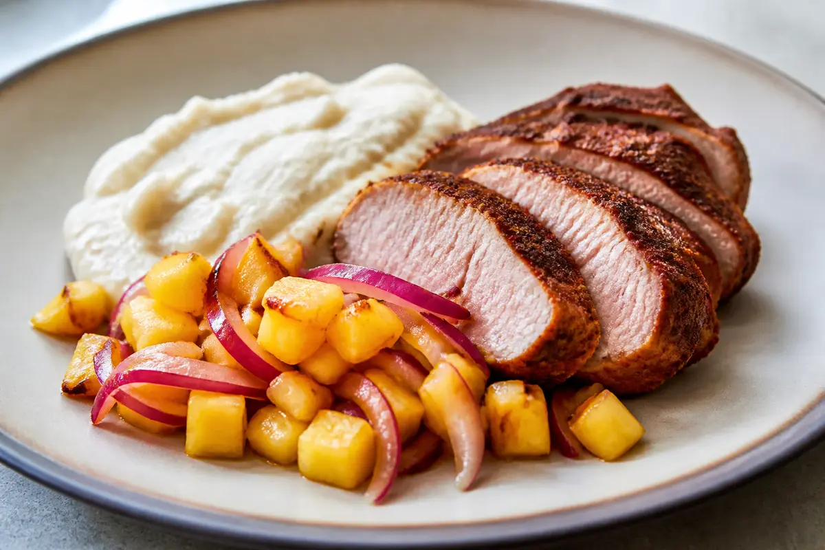 Lomo de Cerdo en Costra de Cacao y Achiote con Puré de Malanga y Ensalada Tibia de Piña y Cebolla Morada