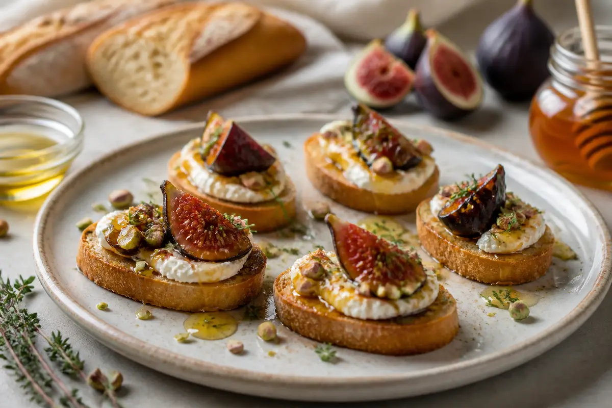 Roasted Fig Bites with Whipped Goat Cheese, Pistachio, and Thyme Honey