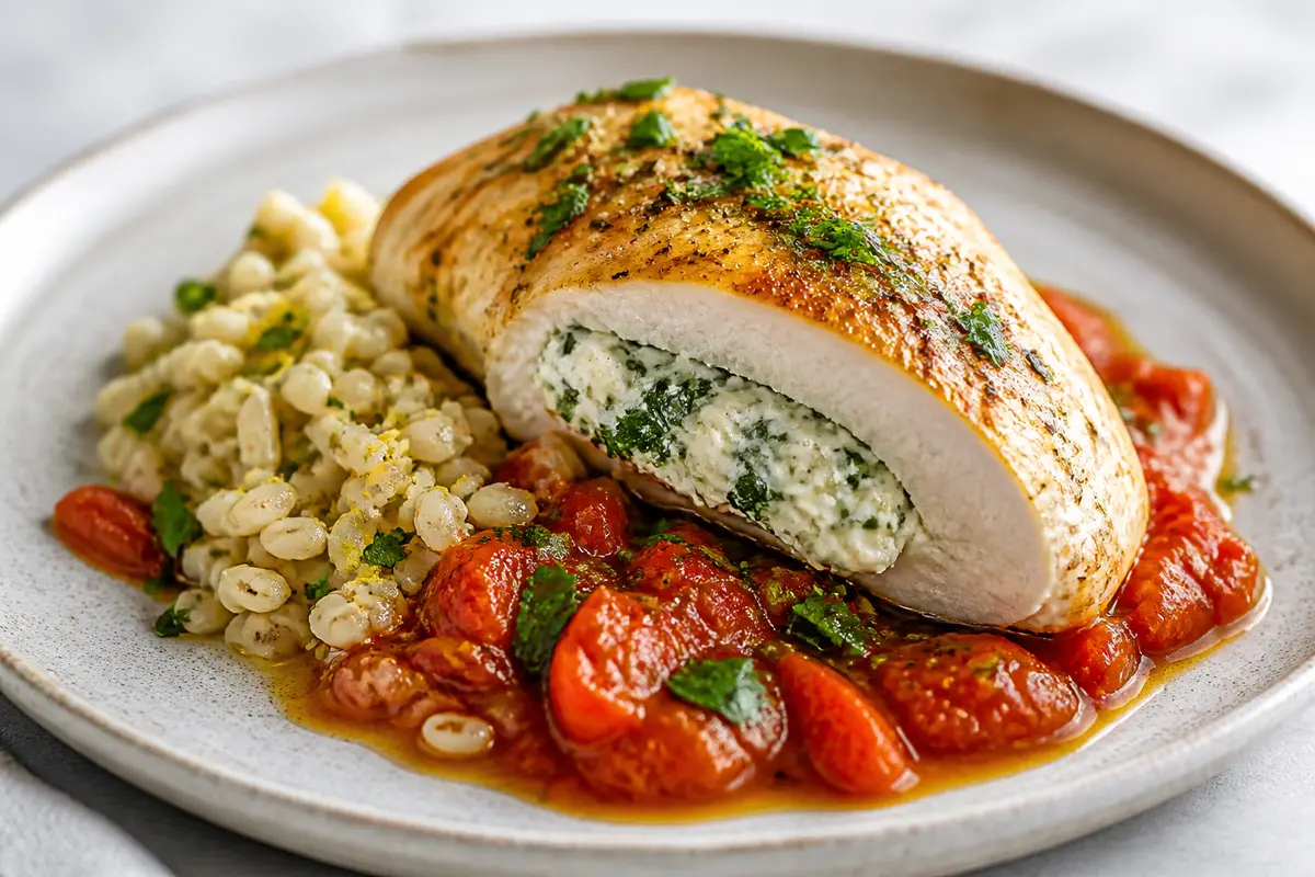 Pechuga de pollo rellena de ricotta y hierbas con salsa tibia de tomates asados y cebada perlada al limón