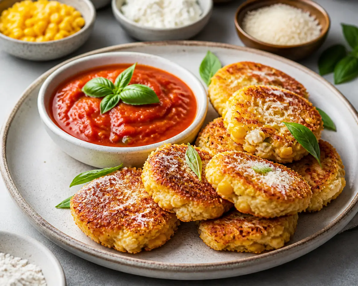Tortitas Crujientes de Elote y Ricotta con Salsa de Tomate Asado y Albahaca
