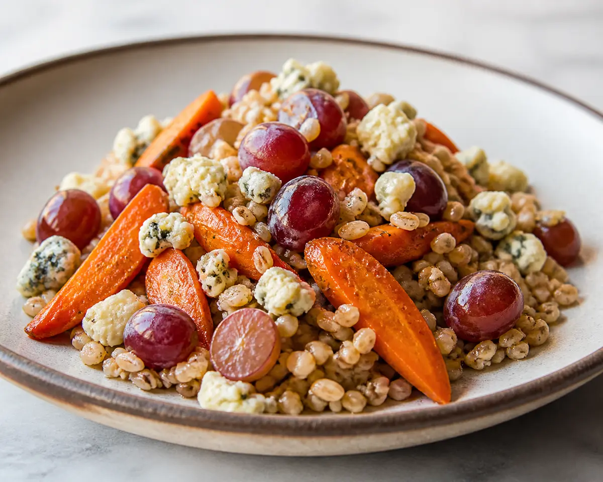 Ensalada templada de freekeh con zanahorias asadas, uvas frescas, queso azul crujiente y vinagreta de miel ahumada