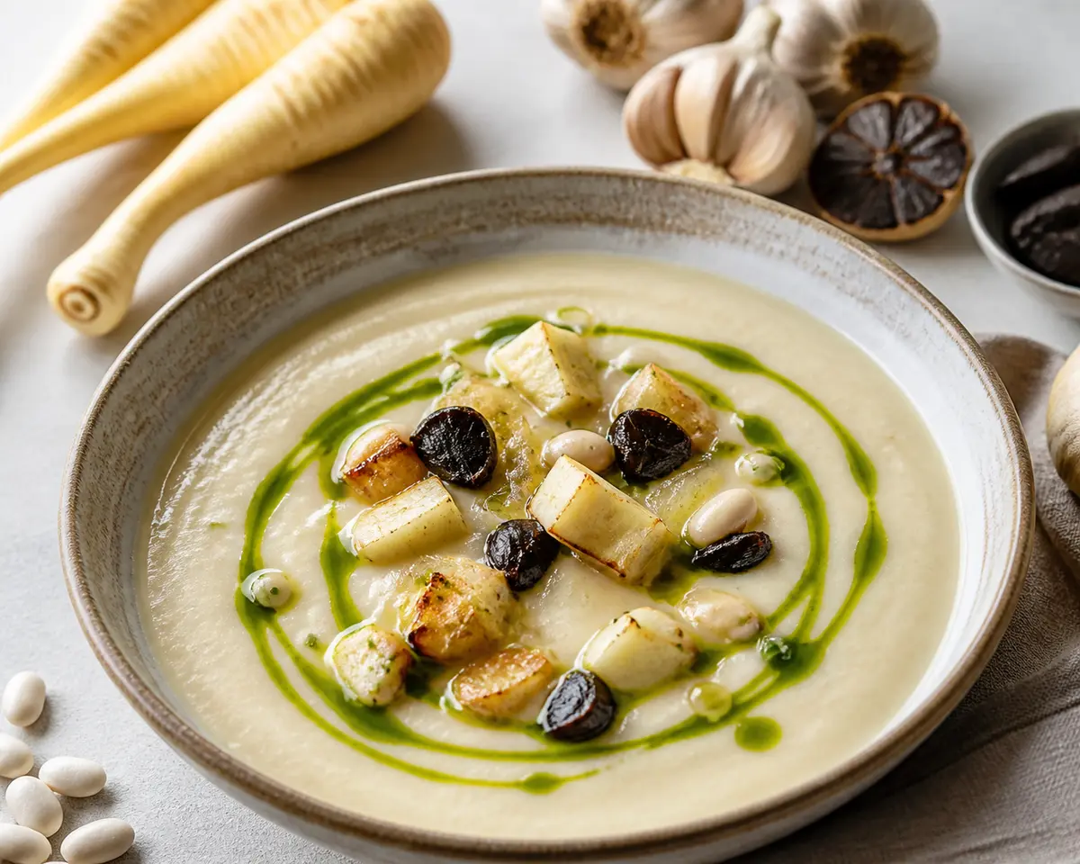 Sopa de Chirivía Asada, Ajo Negro y Alubias Blancas con Aceite de Cebollino
