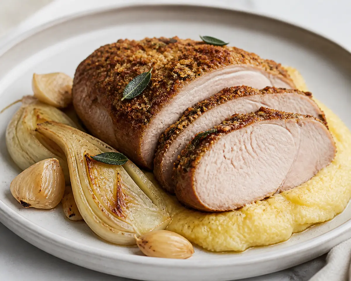 Lomo de Cerdo al Horno con Costra de Polenta, Salvia y Limón sobre Hinojo Braseado