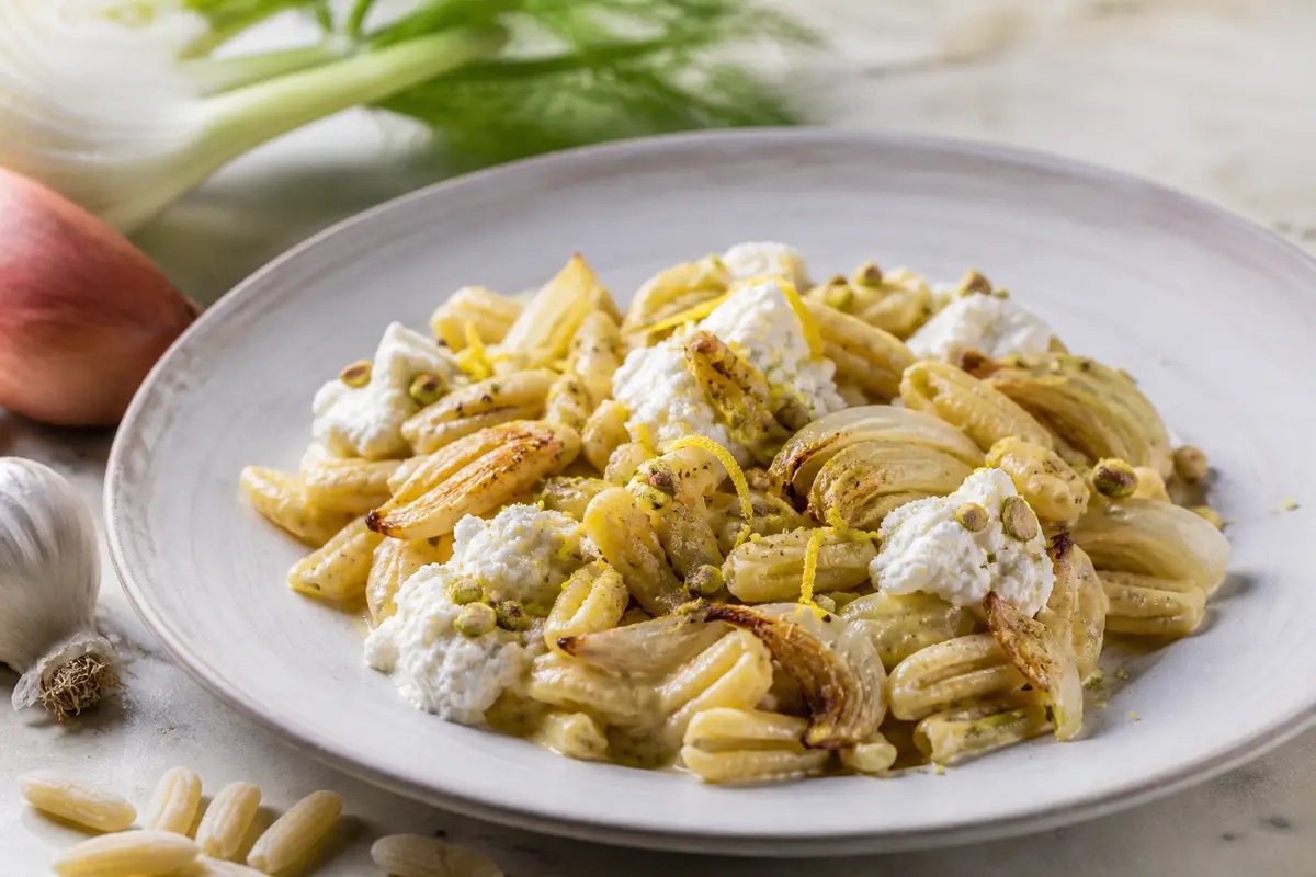 Creamy Cavatelli with Roasted Fennel, Lemon, Ricotta and Pistachio