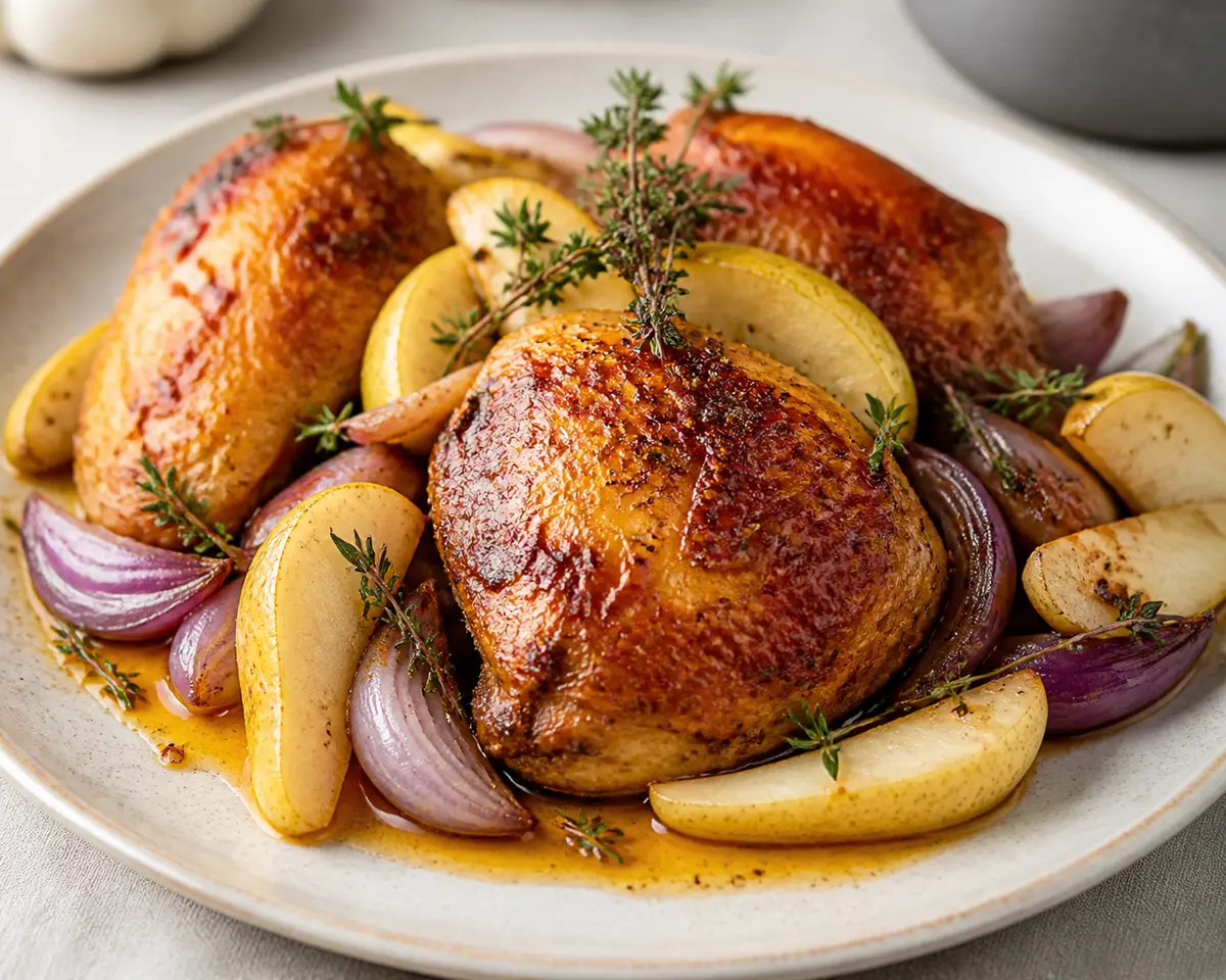 Pollo asado con mantequilla de pimentón, pera y tomillo crujiente
