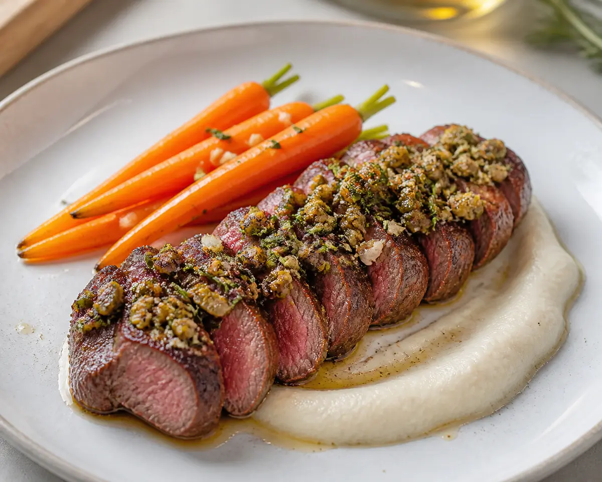Beef Steak with Olive-Rosemary Crust, Silky Cauliflower Purée and Lemon Glazed Carrots