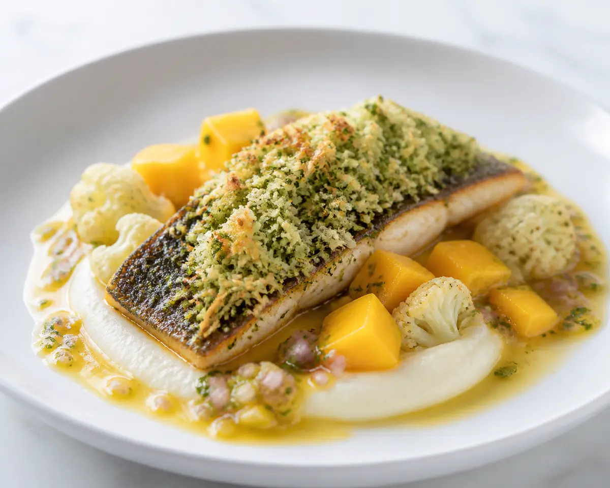 Sea Bass with Coconut-Cilantro Crust, Lemon Cauliflower Purée and Warm Roasted Mango Sauce