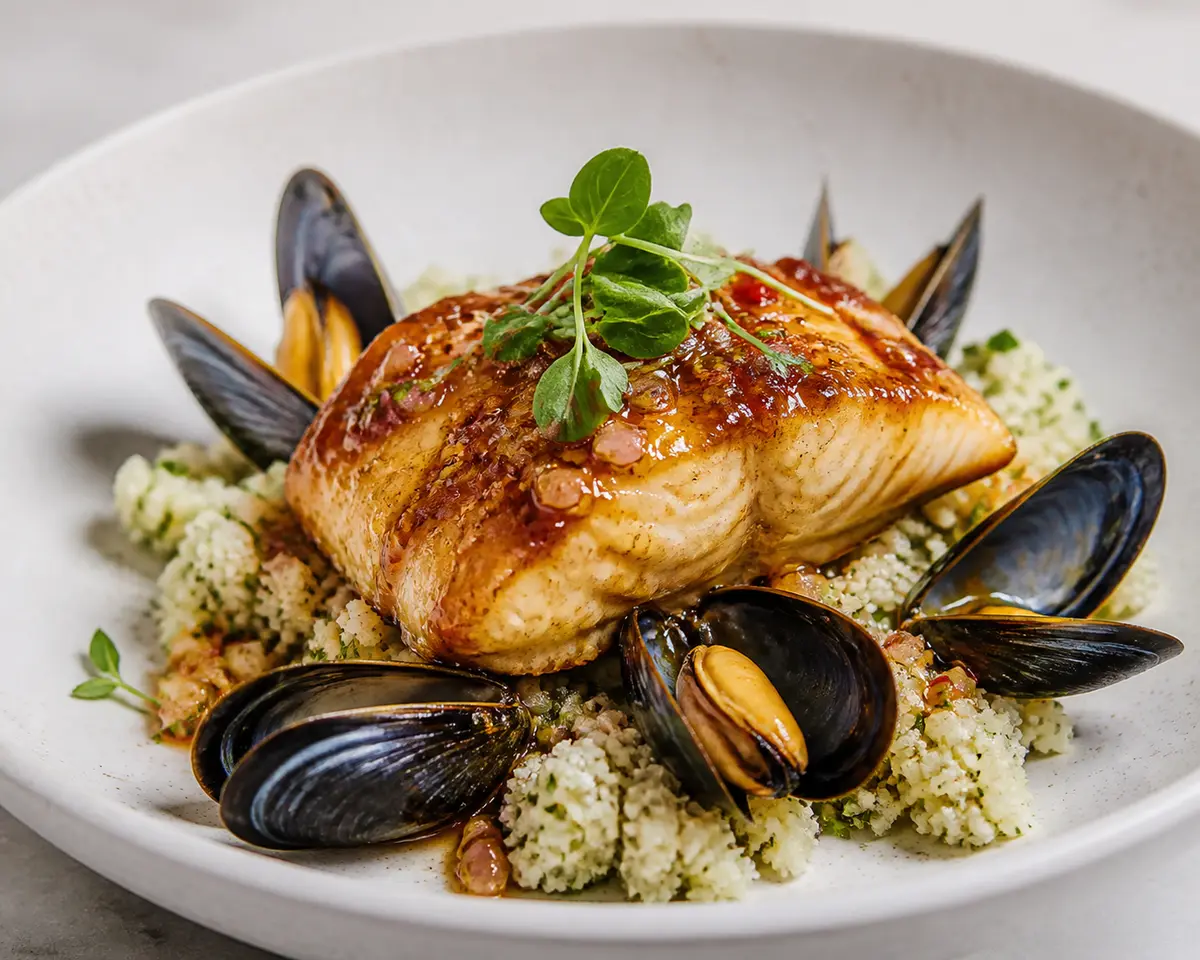 Mero Lacado con Miel Picante, Mejillones al Azafrán y Cuscús de Coliflor con Hierbas