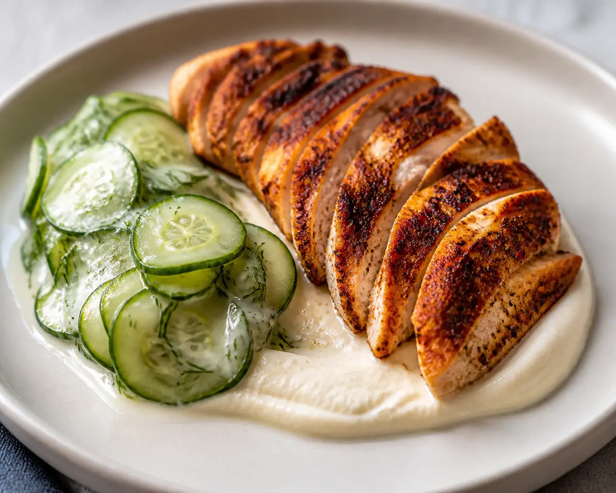 Smoked Paprika Turkey with Cauliflower Purée and Warm Dill Cucumber