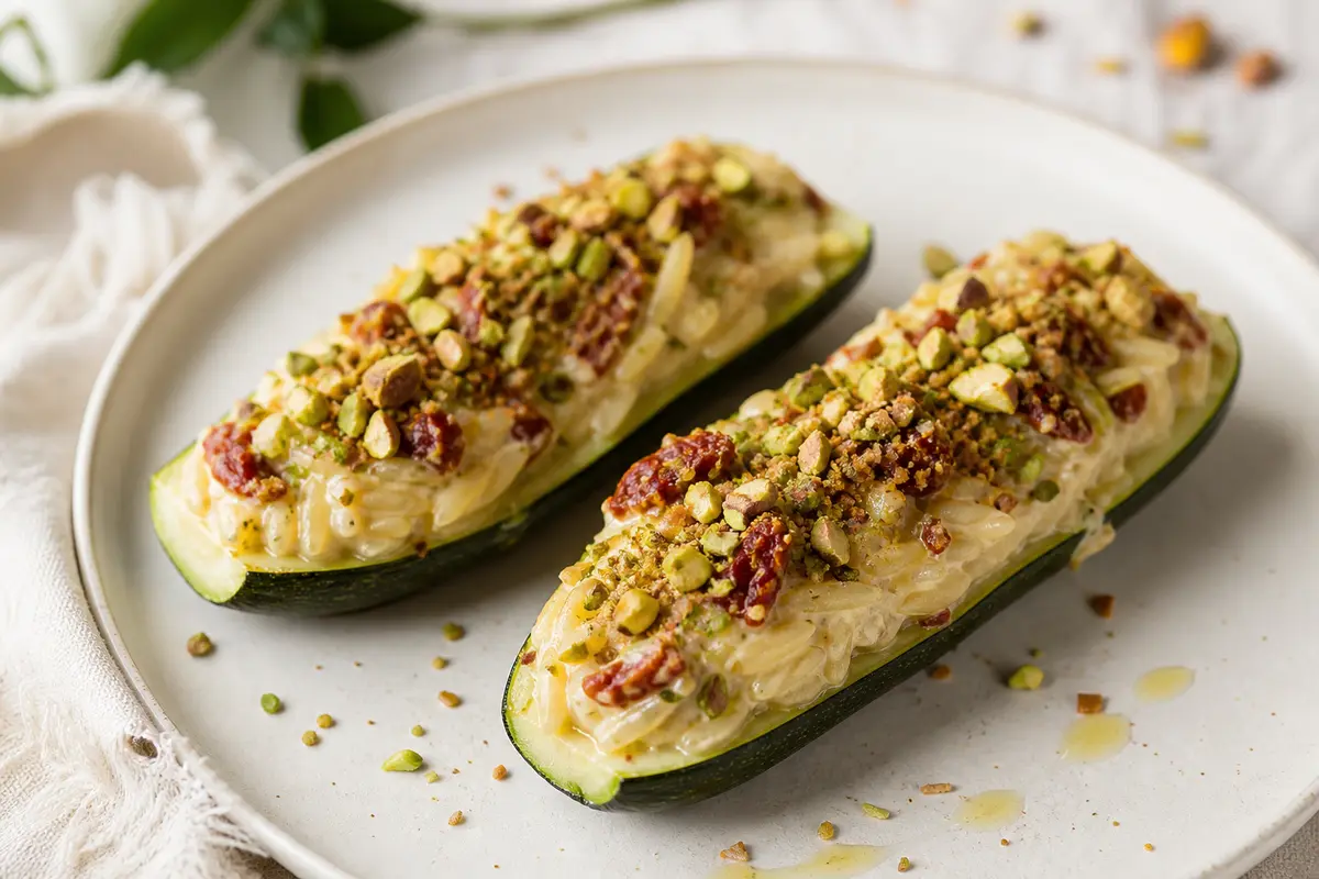 Calabacines Luna Rellenos de Orzo Cremoso, Tomates Secos y Costra de Pistacho