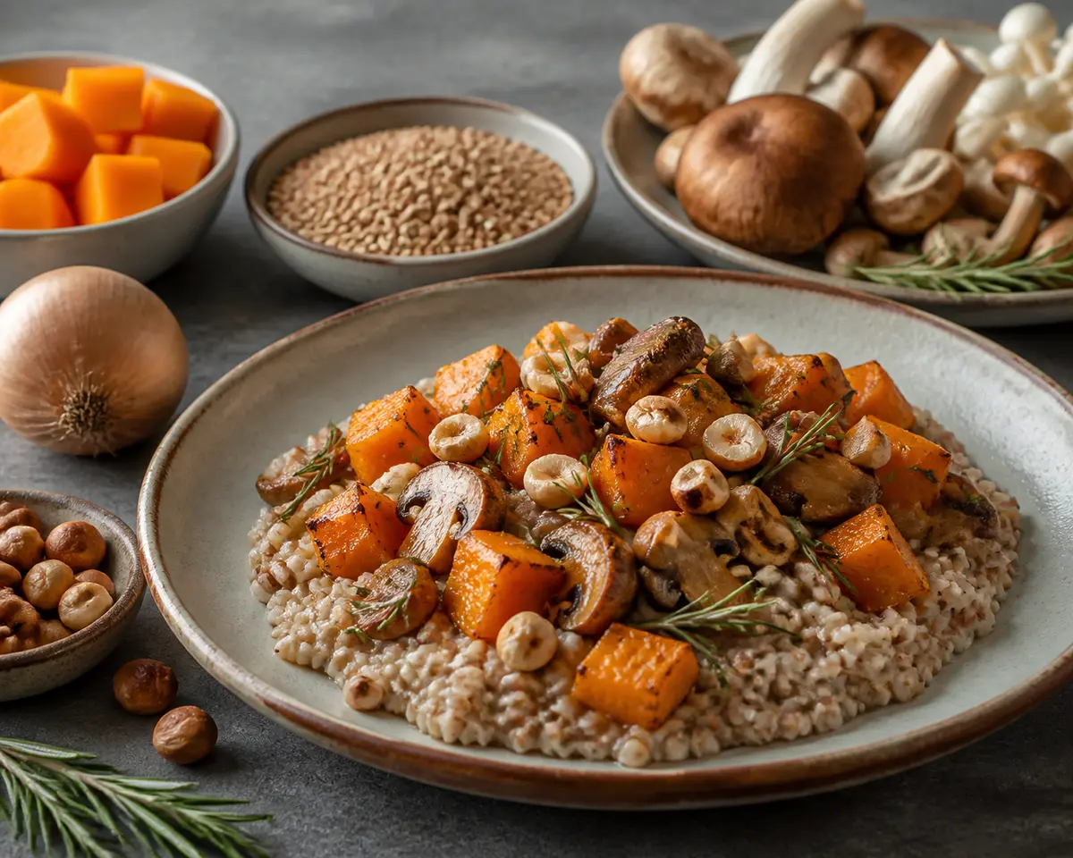 Creamy Buckwheat with Roasted Pumpkin, Rosemary Mushrooms and Hazelnuts