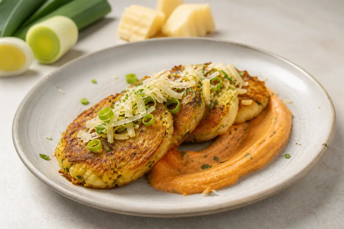 Tortitas de Yuca y Puerro con Crema de Pimiento Asado y Hierbas