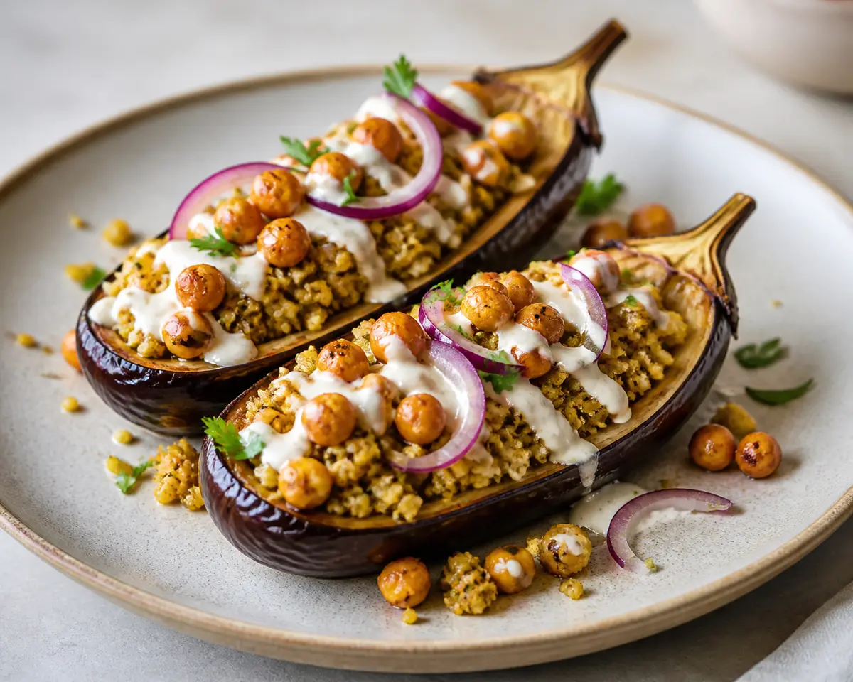 Berenjenas asadas con cuscús de coliflor especiado, garbanzos crujientes y crema de tahini al limón
