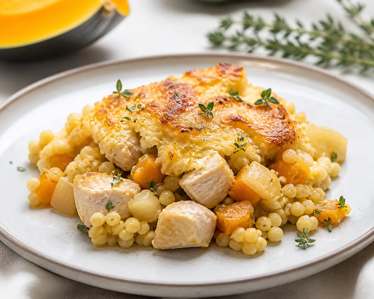 Family Pearl Couscous Bake with Chicken, Pumpkin and Thyme Ricotta Crust