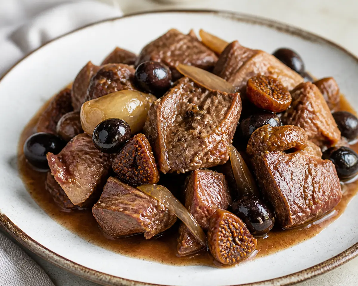 Slow Cooker Tender Pork with Figs, Red Wine, and Black Olives