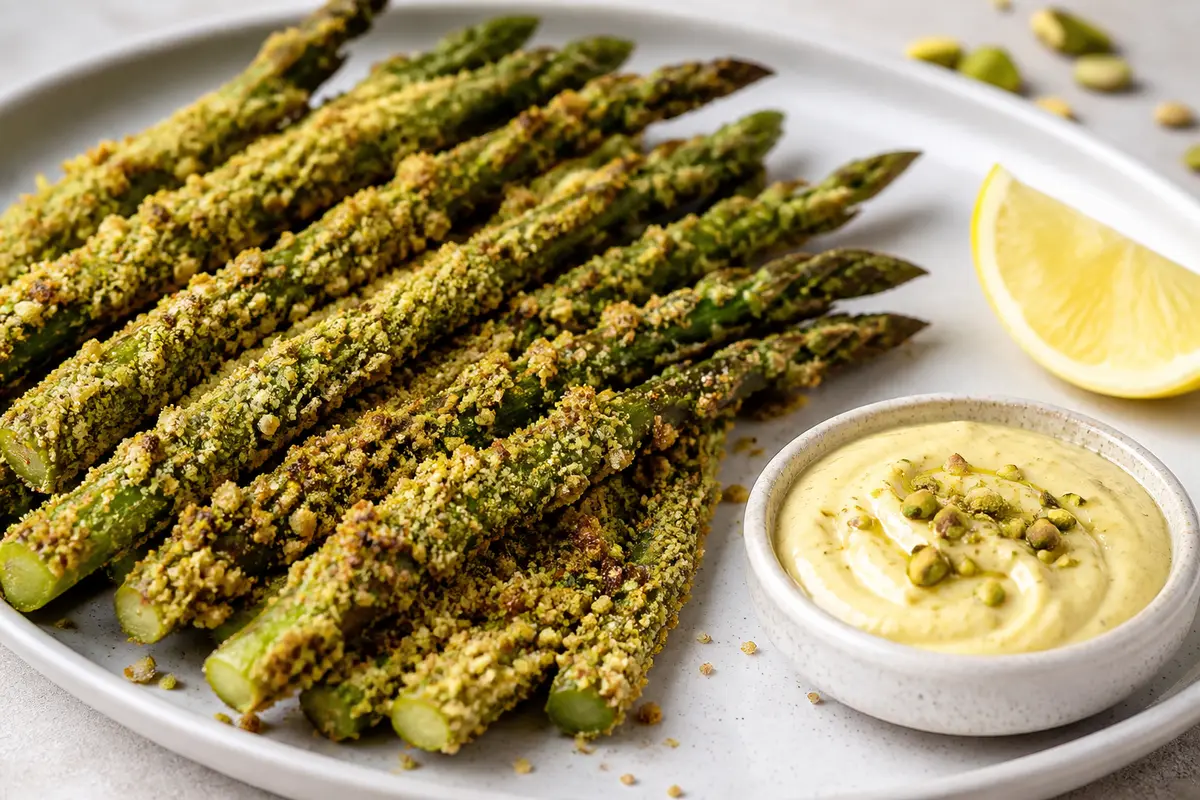 Air Fryer Crispy Asparagus with Pistachio-Pecorino Crust and Lemon Aioli