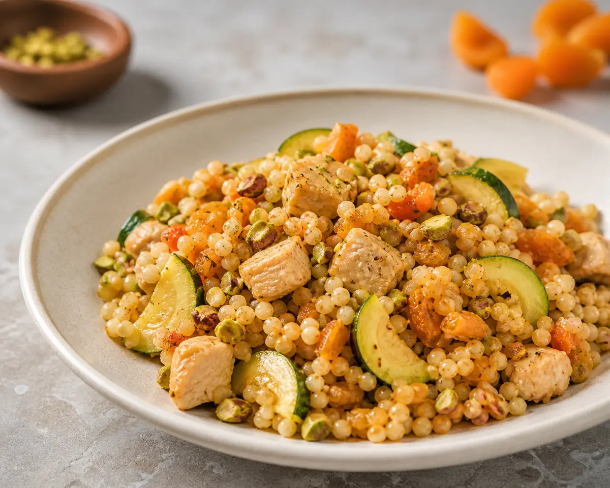 Quick Pearl Couscous with Apricot Chicken, Zucchini and Pistachios