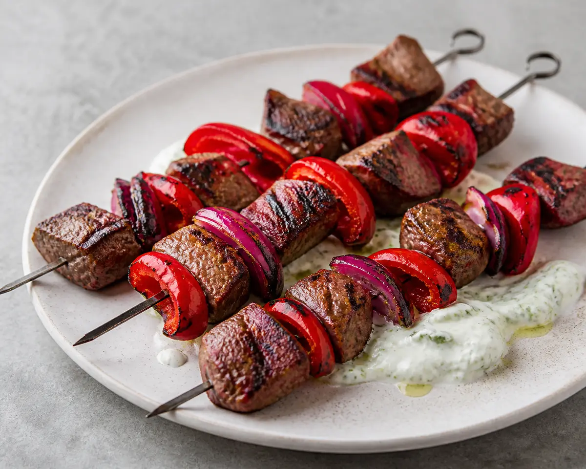 Grilled beef skewers with smoked piquillo peppers and creamy herb lime sauce