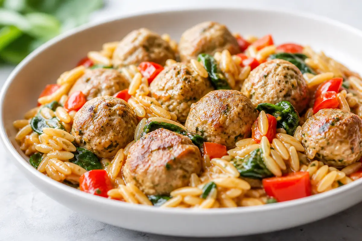 Albóndigas de pavo al pimiento rojo con orzo y espinacas en Instant Pot