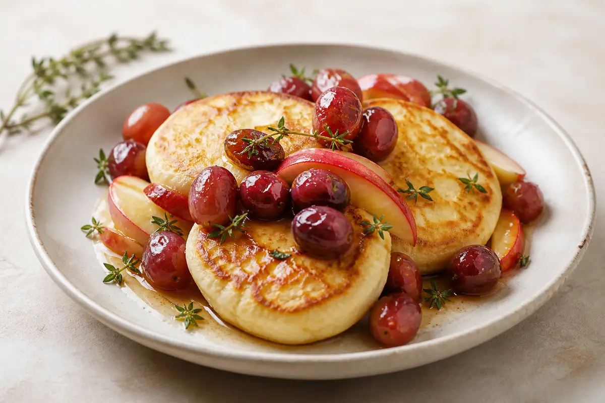 Tortitas Doradas de Ricotta y Limón con Uvas Asadas al Tomillo y Miel Crujiente