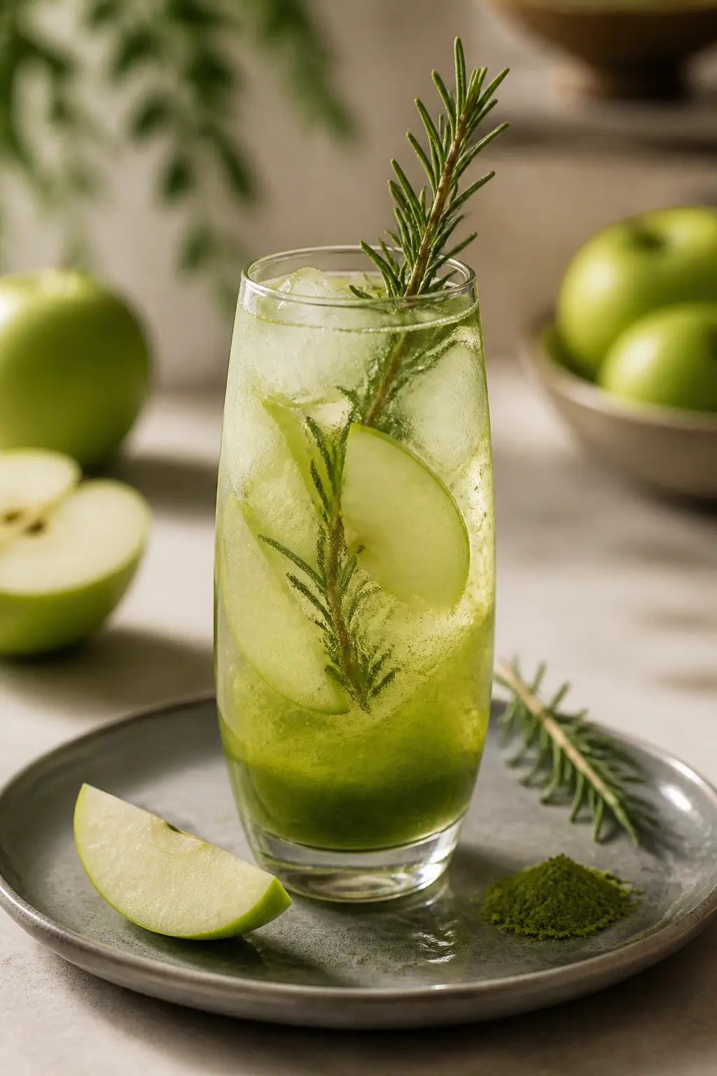 Iced Green Apple, Matcha and Smoked Rosemary Tonic