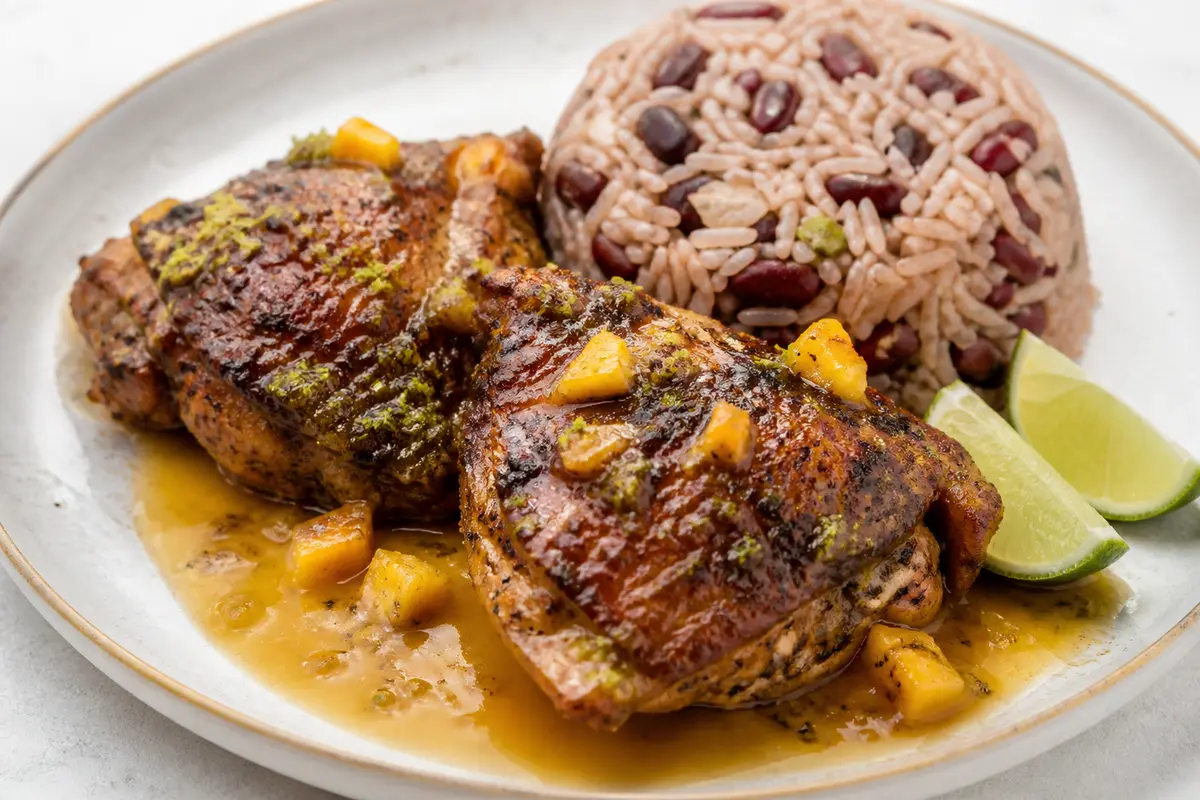 Pollo Caribeño Asado con Salsa de Mango Ahumado y Arroz de Frijoles Rojos al Coco