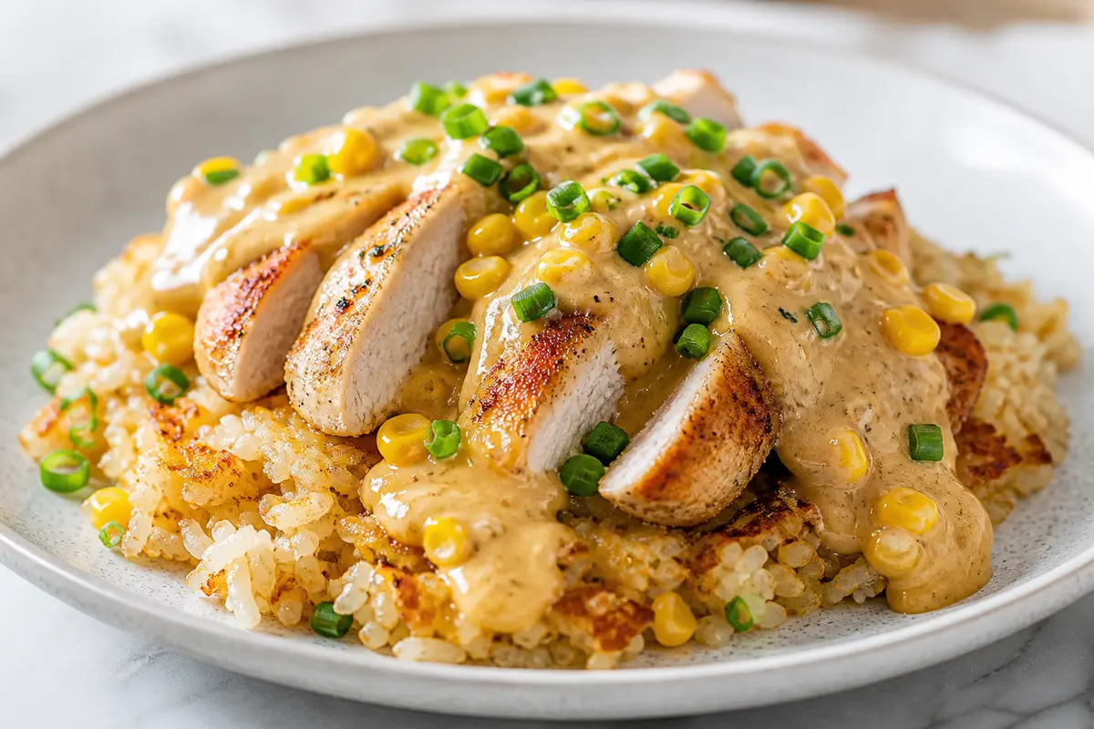 Pavo salteado con salsa cremosa de cacahuate y maíz tostado sobre arroz crujiente de sartén