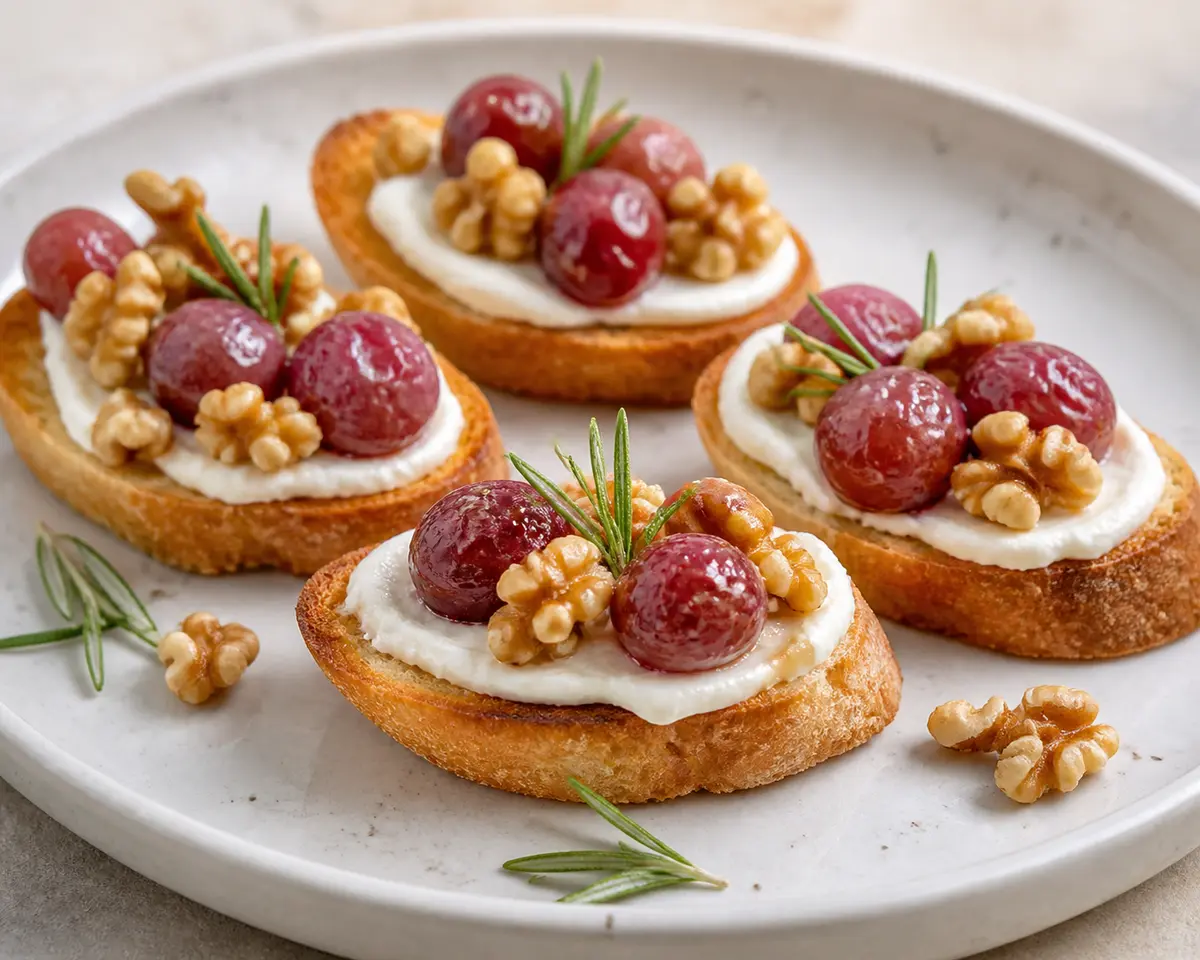 Tostaditas de Uva Asada con Mascarpone al Romero y Nuez Crujiente