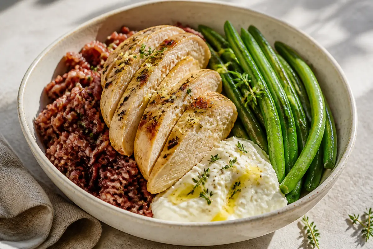 Bowl templado de pavo al limón y tomillo con arroz rojo, judías verdes salteadas y crema ligera de ricotta