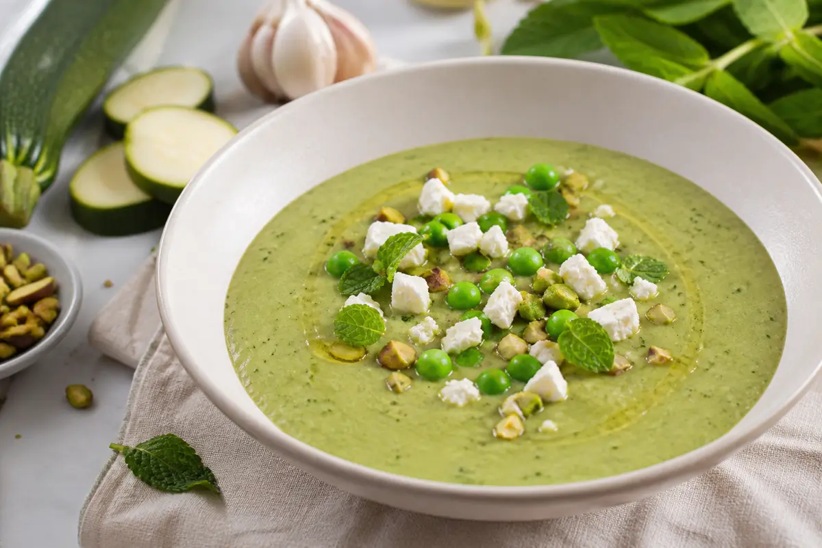 Silky Roasted Zucchini, Pea and Mint Soup with Feta and Pistachio Finish