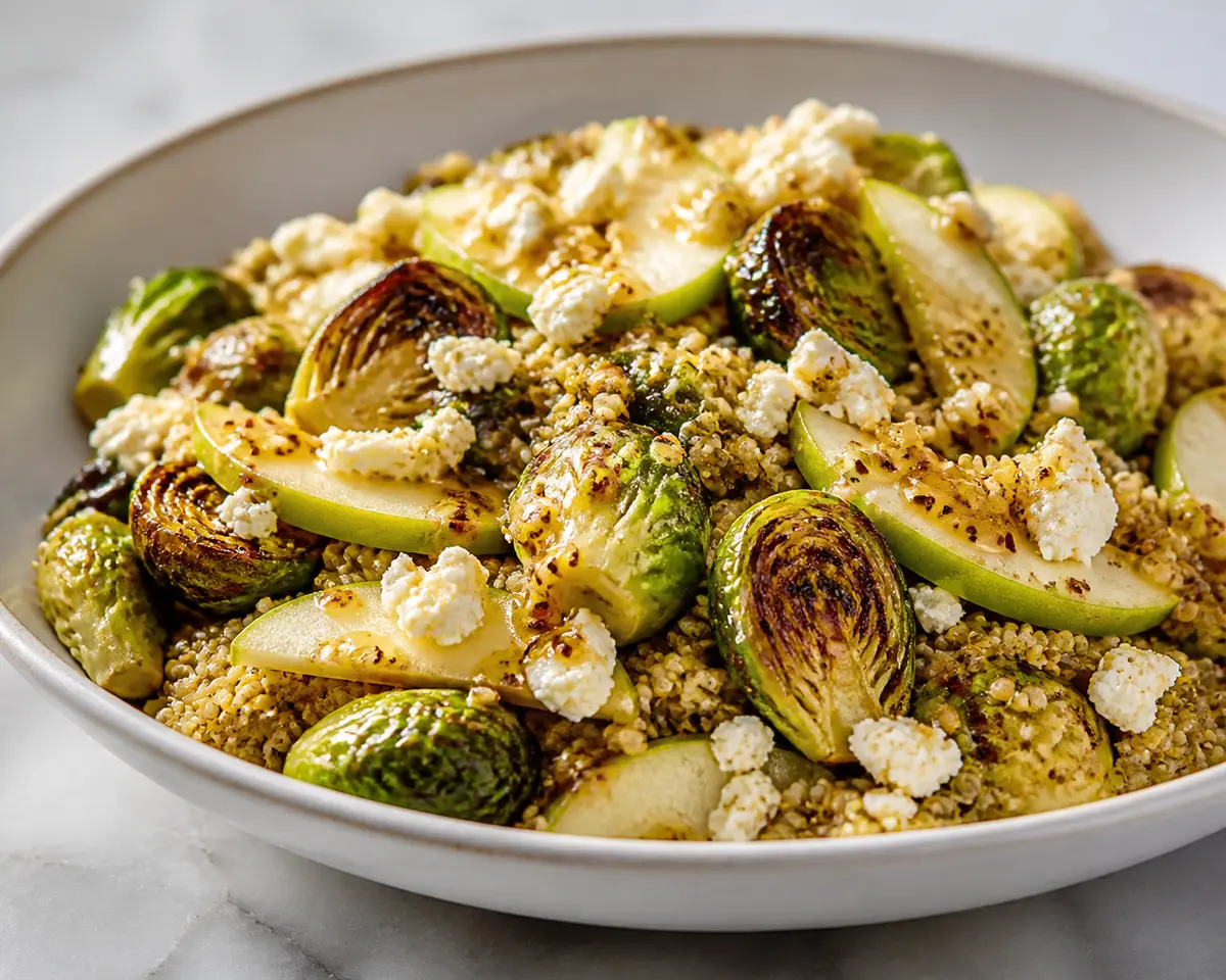 Warm Golden Quinoa Salad with Caramelized Brussels Sprouts, Green Apple and Feta with Maple Mustard Vinaigrette