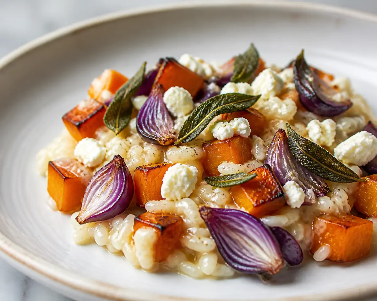 Creamy Rice with Spiced Pumpkin, Roasted Red Onion and Feta with Crispy Sage