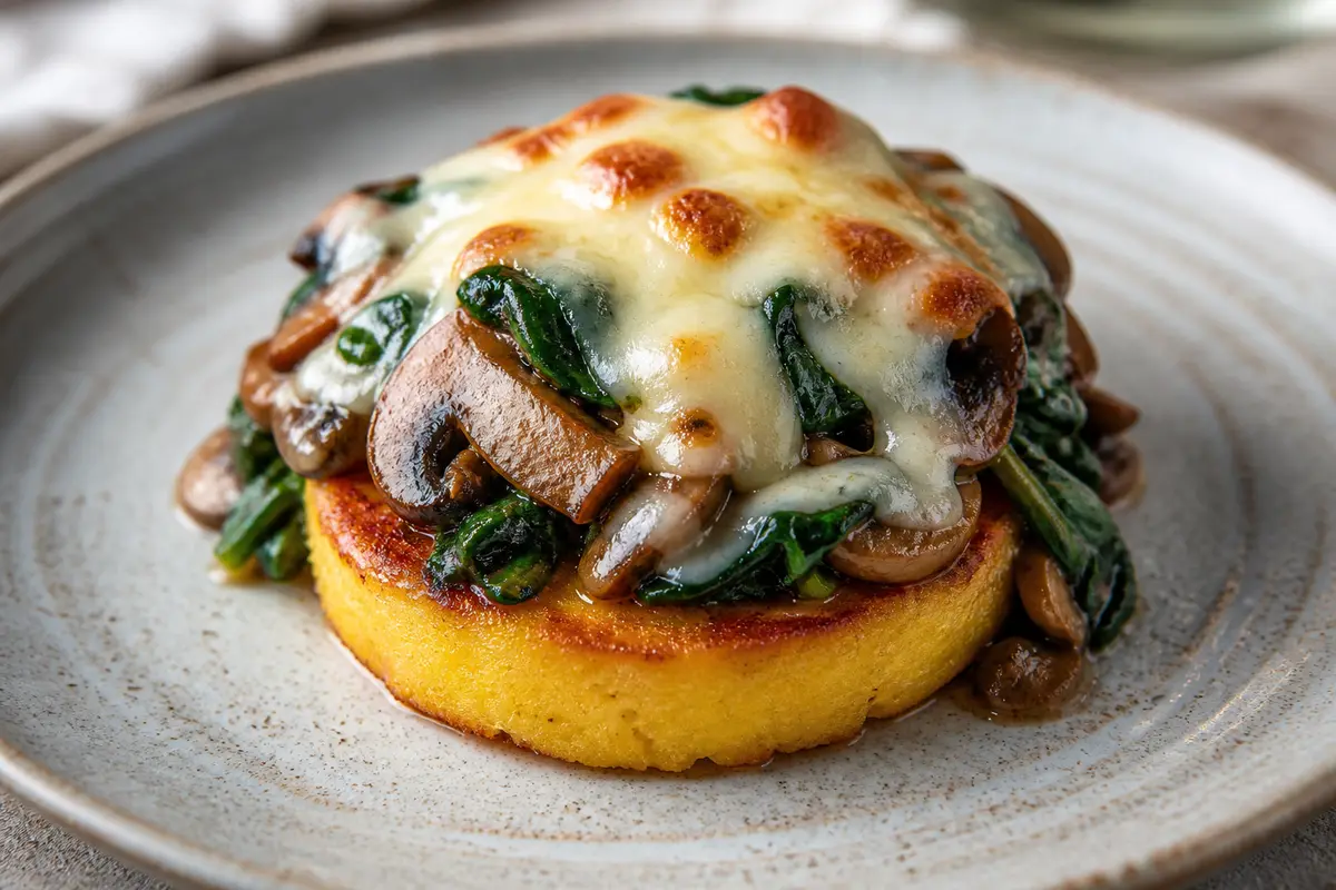 Pastelitos de Polenta Dorada con Ragú de Setas, Espinaca y Mozzarella Ahumada