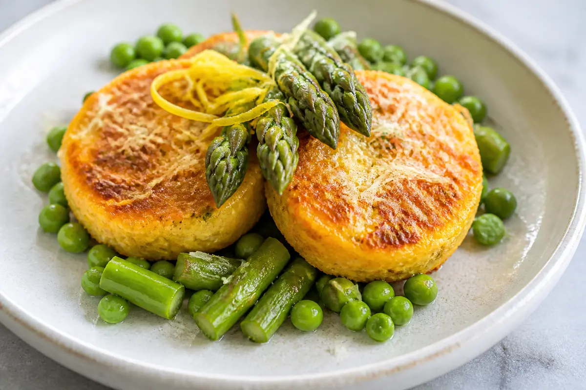 Lemon Polenta Cakes with Asparagus, Peas, and Cheese Crust