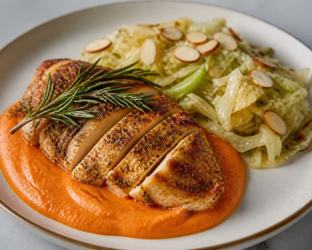 Pollo al Romero con Crema de Pimiento Asado y Repollo Salteado con Almendras