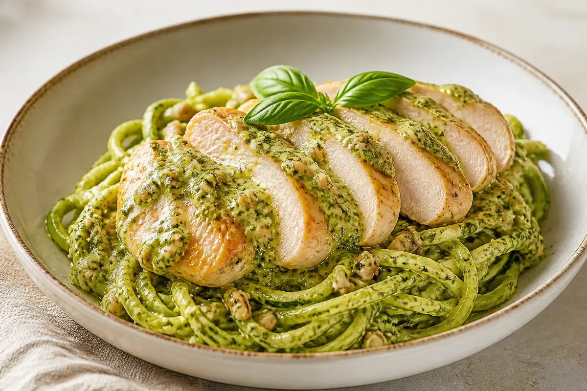 Pollo Keto Cremoso con Pesto de Albahaca y Nueces sobre Fideos de Calabacín