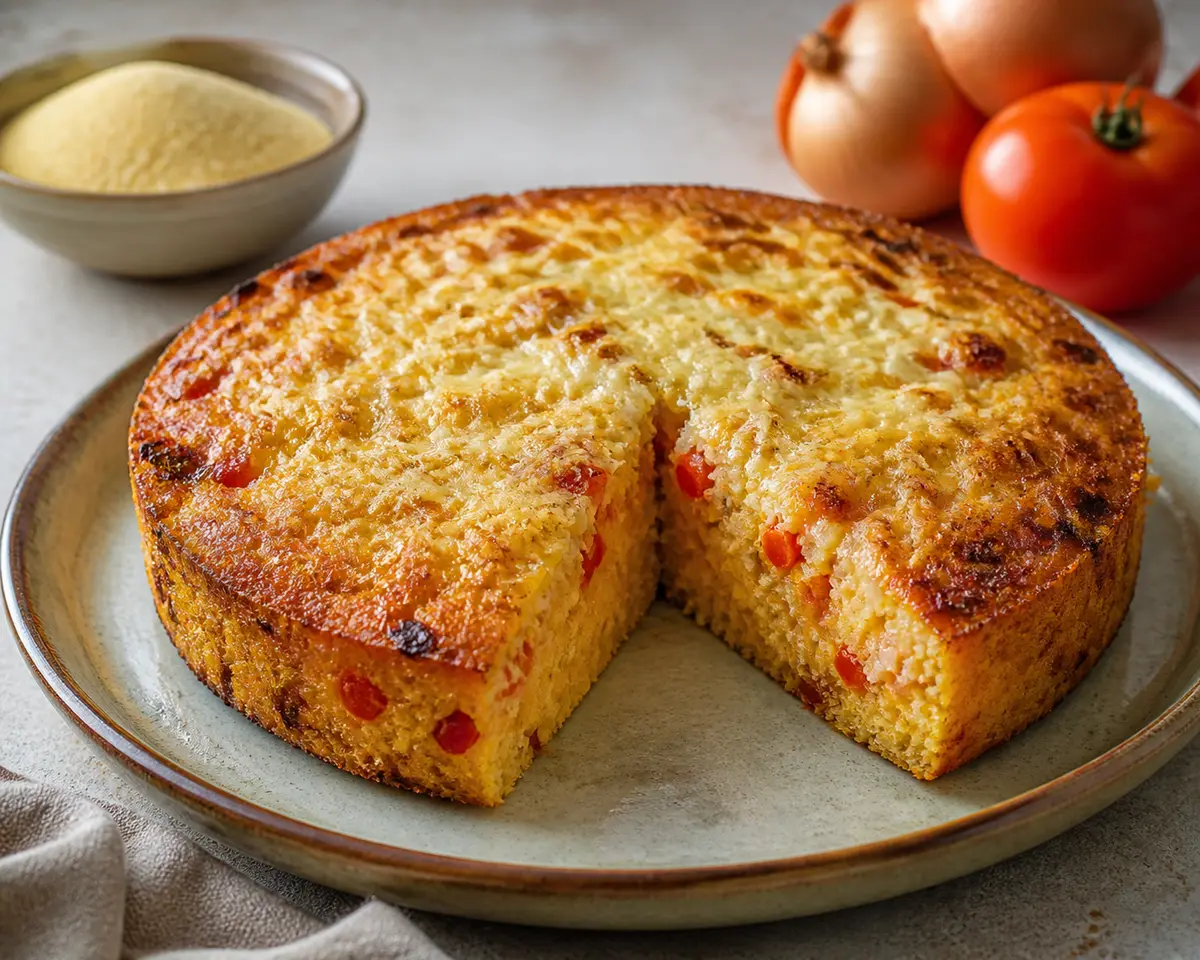 Pastel de Sémola, Cebolla y Tomate al Sartén con Costra de Queso