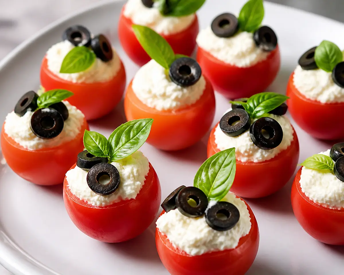 Cherry Tomatoes Stuffed with Whipped Feta, Olive, and Basil