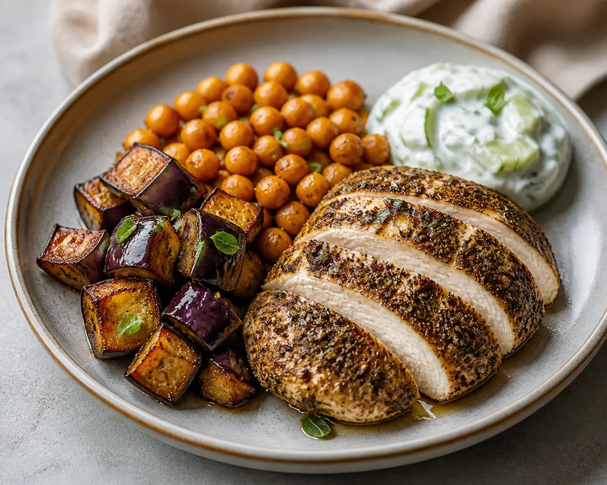 Pollo al Za’atar con Berenjena Asada, Garbanzos Crujientes y Salsa de Yogur al Pepino