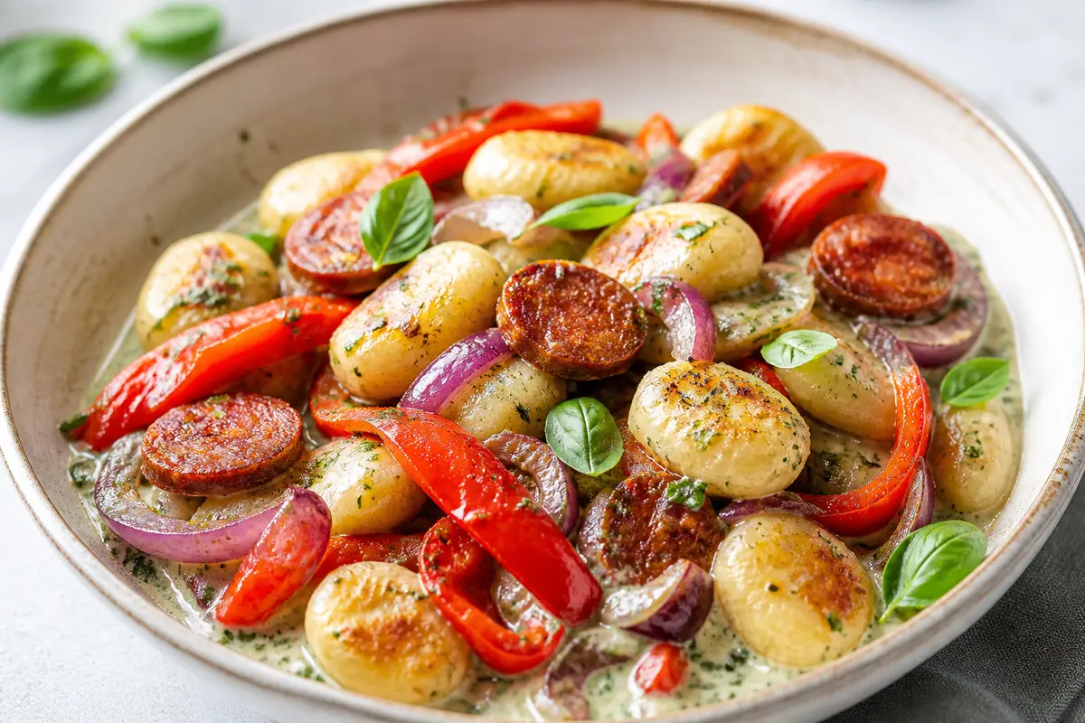 Ñoquis Salteados con Chorizo, Pimientos Asados y Crema Rápida de Albahaca