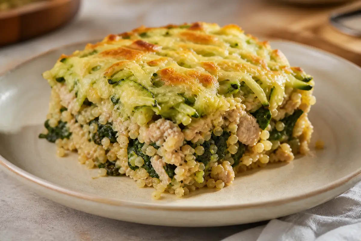 Family Millet Bake with Turkey, Spinach, and Parmesan Zucchini Topping