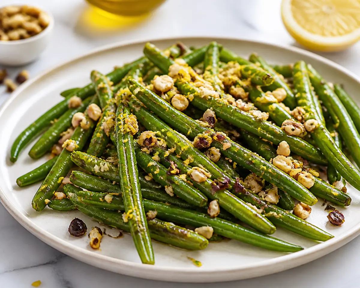 Judías verdes ampolladas en Air Fryer con gremolata de aceituna, limón y almendra