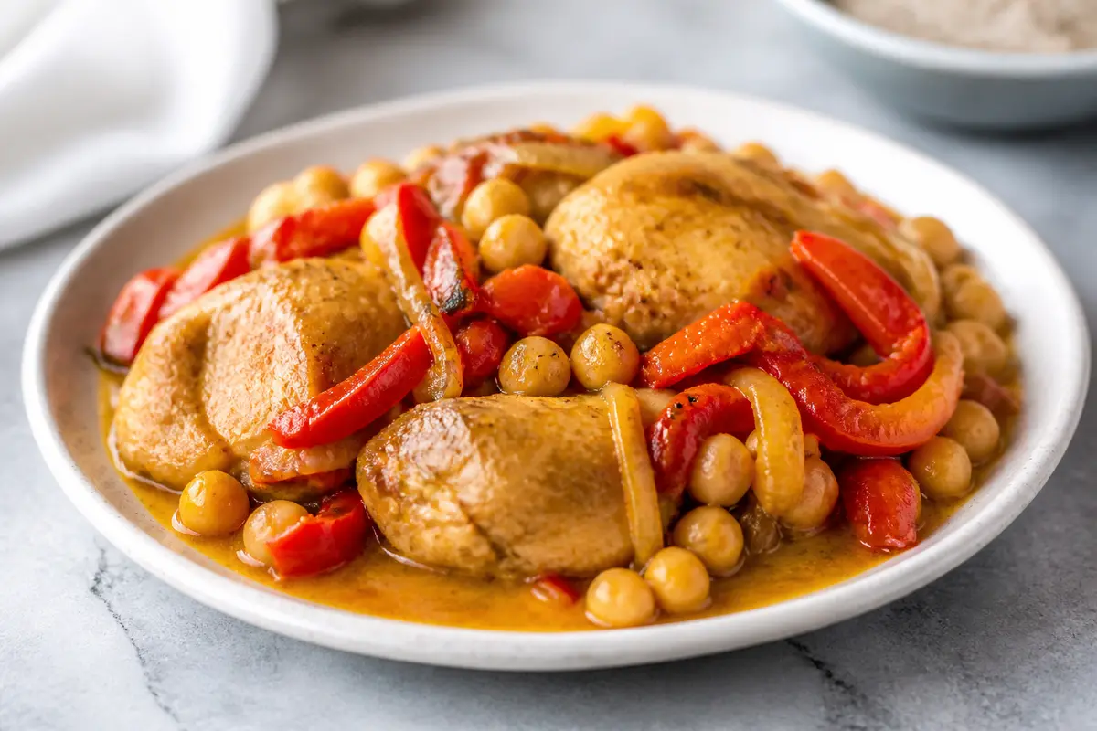Pollo en slow cooker con pimientos asados, garbanzos y azafrán