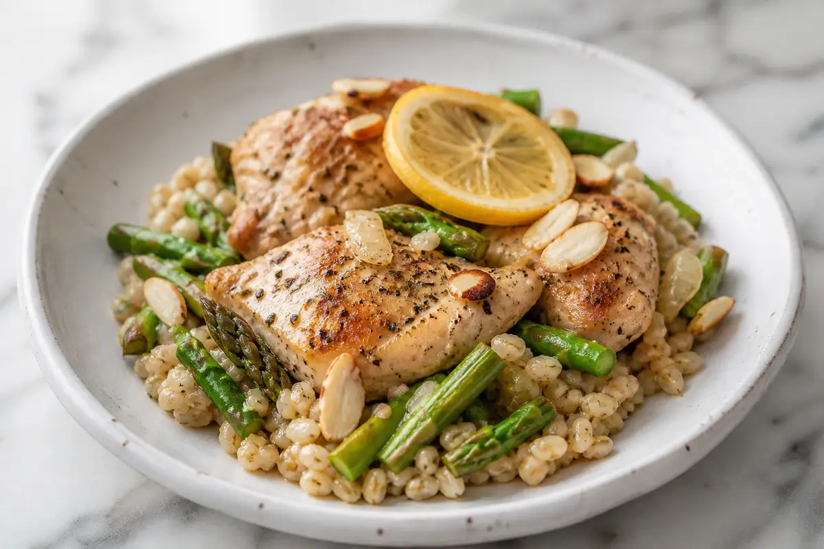 Pollo al limón asado con cebada, espárragos y almendras en Instant Pot