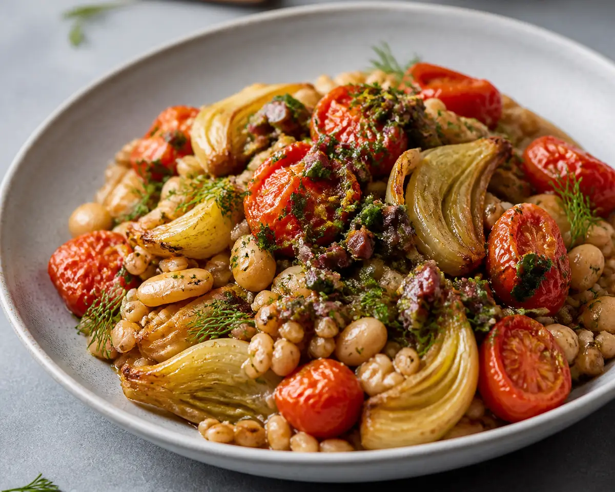 Creamy Roasted Tomato Farro with Golden Fennel, White Beans and Olive Gremolata