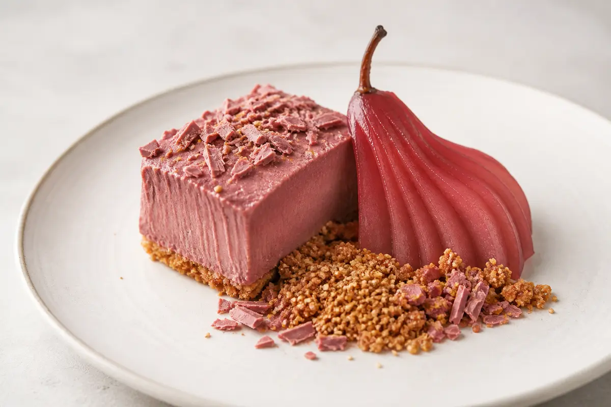 Terrina Cremosa de Chocolate Ruby, Pera Escalfada y Crujiente de Sésamo
