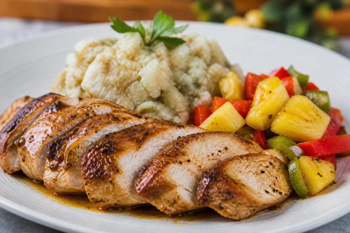 Pechuga de pavo caribeña en adobo de naranja agria y especias con puré rústico de malanga y ensalada tibia de piña y pimiento